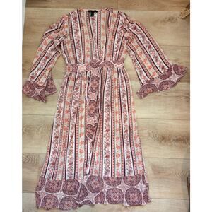 Forever 21 Chiffon Boho Duster Dress Paisley Floral Tie Waist Size Small